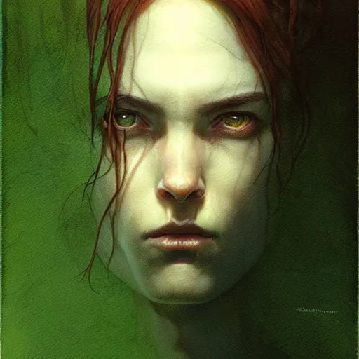 Image similar to portrait top light, by killian eng and bernie wrightson and martin deschambault and tom bagshaw, inspired by city of lost children, green and brown only, etching, fine, sharp high detail,