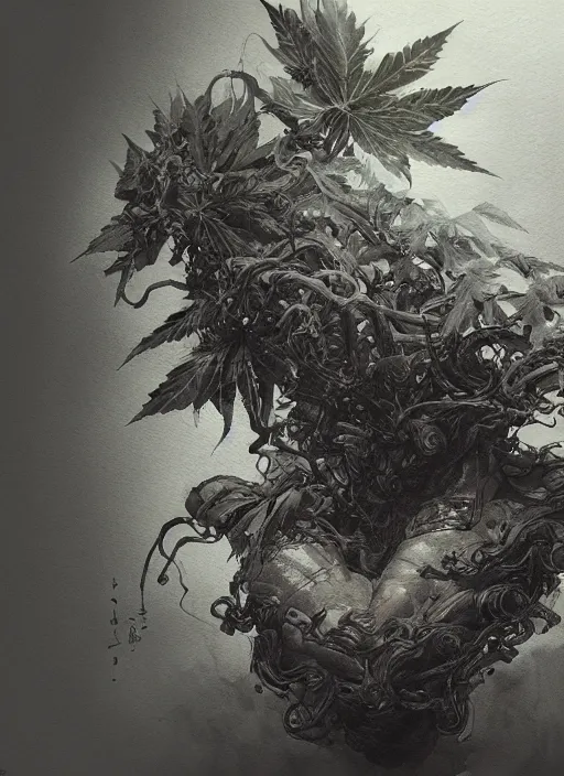 Image similar to Pot leaf, watercolor, dramatic lighting, cinematic, establishing shot, extremely high detail, foto realistic, cinematic lighting, pen and ink, intricate line drawings, by Yoshitaka Amano, Ruan Jia, Kentaro Miura, Artgerm, post processed, concept art, artstation,