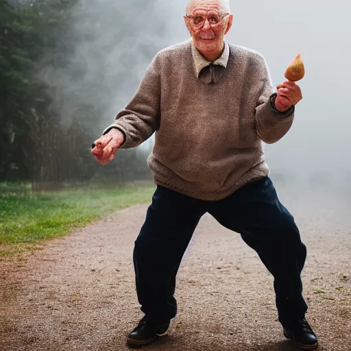 Image similar to An elderly man throwing a sausage, Canon EOS R3, f/1.4, ISO 200, 1/160s, 8K, RAW, unedited, symmetrical balance, in-frame