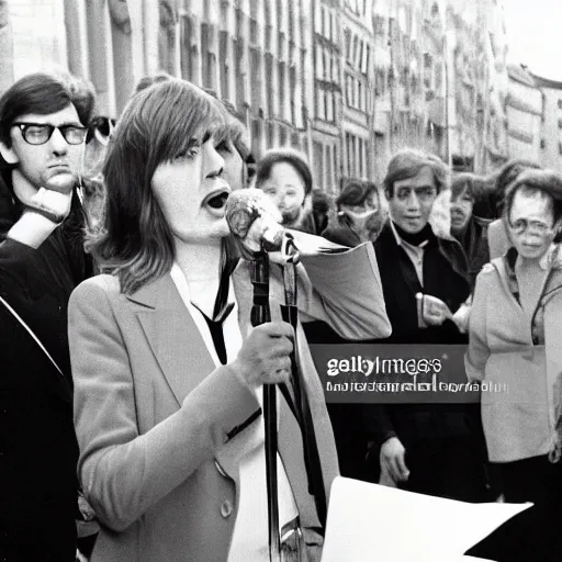 Image similar to French pop star Daphne LaCroix argues in favor of worker\'s rights with German New-Trad Intellectuals in Berlin, March, 1978, watermark free