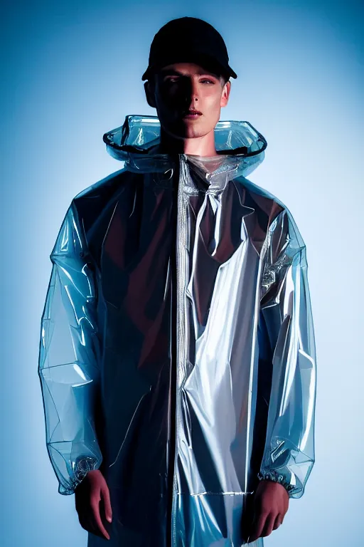 Image similar to an ultra high definition professional high fashion portrait studio full length photograph of a male model wearing a transparent pearlescent raincoat and neon visor in an icelandic black rock environment at dawn. no artefacts. extremely detailed. stark. refraction. shallow depth of field. volumetric light and shadow. ray tracing. light rays.