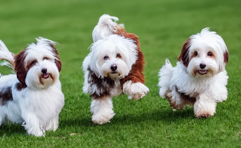 Prompt: two cute white and brown havanese dogs playing on a grassy field