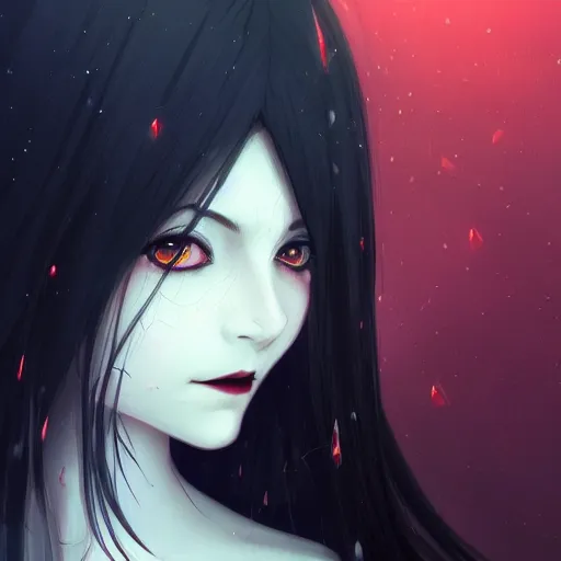 Image similar to a portrait of a very beautiful vampire woman with black hair and pale skin, red eyes, wearing a black cloak, nightime village background, anime key visual, dramatic lighting, 4k resolution, illustration, high quality, highly detailed, charlie bowater, lois van baarle, ilya kuvshinov, rossdraws, artstation