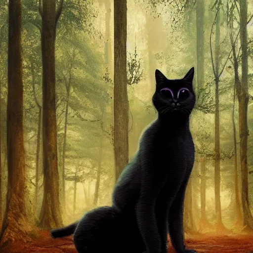 Image similar to a black cat looking curiously, there is a forest in the background, texture, intricate, details, highly detailed, greg rutkowski style, masterpiece, architecture, building, trending on artstation, focus, sharp focus, concept art, digital painting, fantasy, sunny, day, golden hour