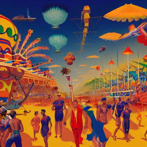 Image similar to carnival in rio de janiero by paolo eleuteri serpieri and tomer hanuka and chesley bonestell and daniel merriam and tomokazu matsuyama, unreal engine, high resolution render, featured on artstation, octane, 8 k, highly intricate details, vivid colors, vector illustration