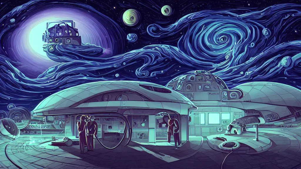 Prompt: elon musk at starbase by cyril rolando and naomi okubo and dan mumford and ricardo bofill. lovecraft. lovecraftian. starry night swirly sky.