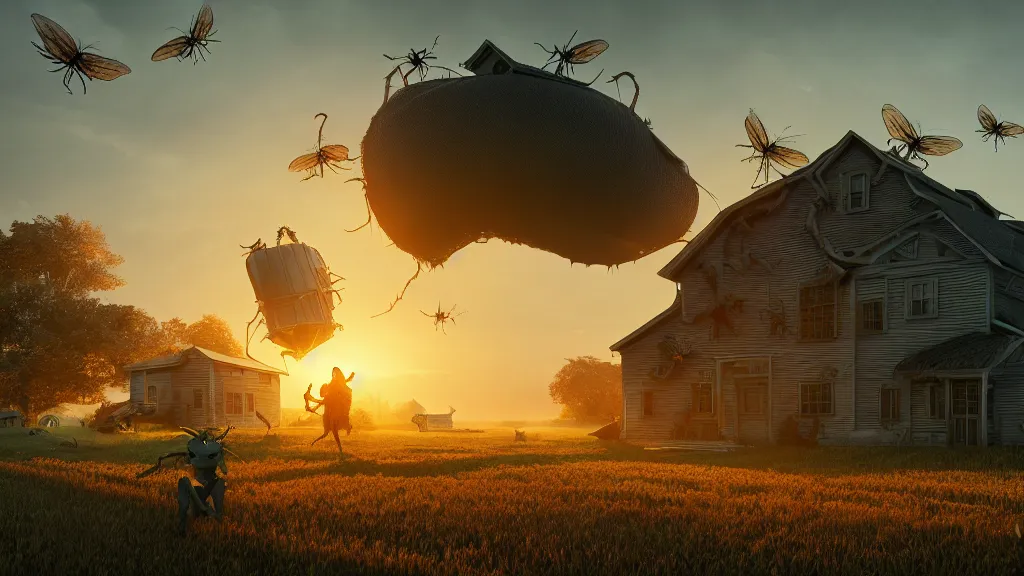 Prompt: giant insects terrorize a farm house, hyperdetailed, artstation, cgsociety, golden hour 8k