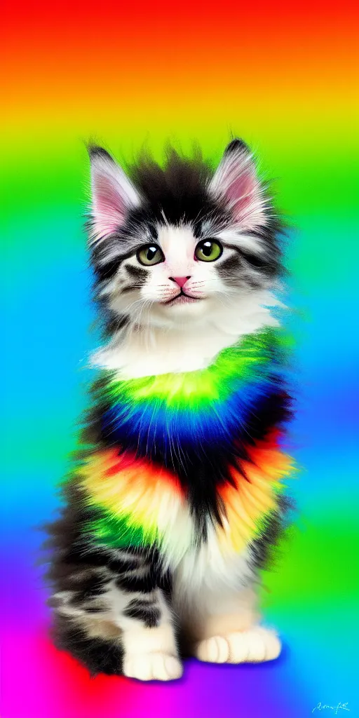 Image similar to cute fluffy rainbow kitten is sitting sweetly while wearing a black jacket, simple background, digital art,