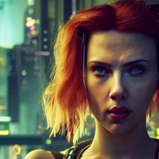 Image similar to angry cybernetic scarlett johansson after a bad mission in Cyberpunk 2077. CP2077. 3840 x 2160