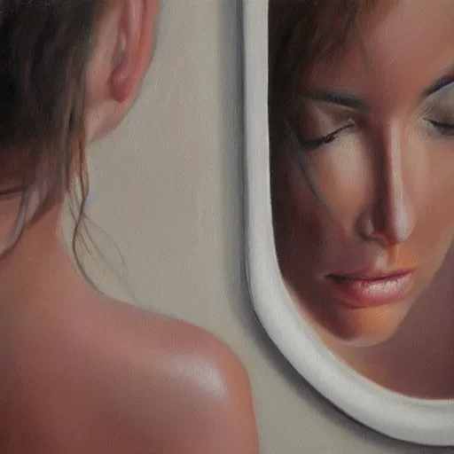 Image similar to fashion model looking in mirror, hyperrealism oil painting