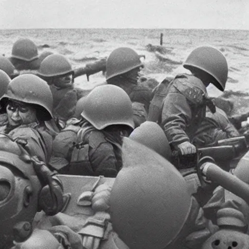 Prompt: nintendo kirby storms normandy beach on d - day ww 2