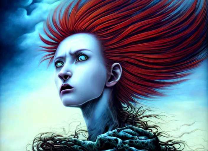 Image similar to realistic detailed image of a female Amazon warrior auburn hair blowing in an angry, stormy mountain top, anime art, anime, inspired by Mark Ryden and H.R. Giger and Zdzislaw Beksinski, gothic, rich deep colors. A masterpiece.