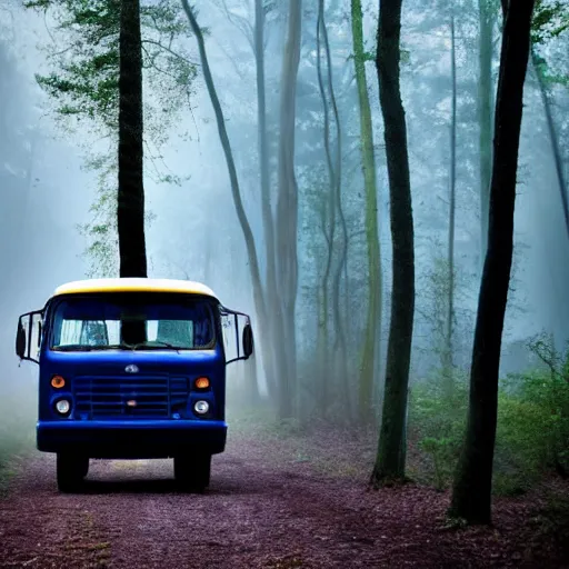 Image similar to blue bus in misty forest scene, the sun shining through the trees