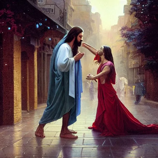 Image similar to jesus kissing a woman in a street, elegant, highly detailed, digital painting, artstation, concept art, matte, sharp focus, highly detailed, 4 k, hdr, smooth, sharp focus, high resolution, award - winning photo, photorealistic, art by artgerm and greg rutkowski and alphonse mucha, large shot