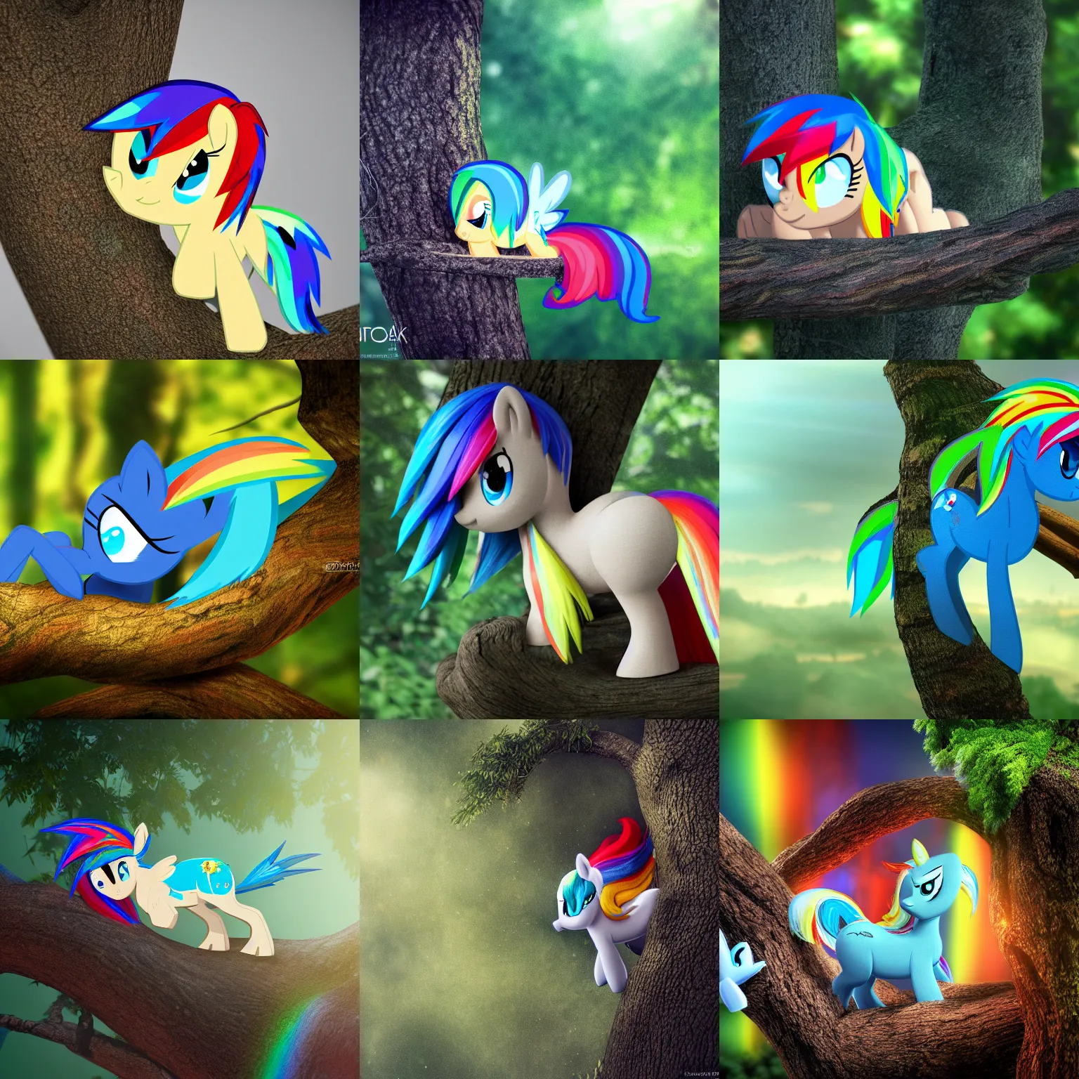 Prompt: Rainbow Dash sleeping on a tree branch, trending on art station, octane 8k render