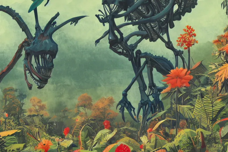 Image similar to 2 d gouache illustration, a lot of exotic vegetation, trees, tremendous skeletal robotic ancient dinosaur, flowers, oldschool vintage sci - fi flat surreal design, super - detailed, painting by satoshi kon, hd, 4 k, high quality