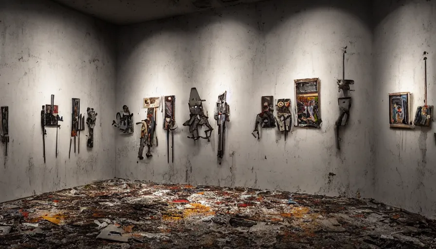 Image similar to abandoned art gallery, robots with articulated metal hands hold paintbrushes against photos of landscapes hung on the walls, dramatic lighting, 4 k