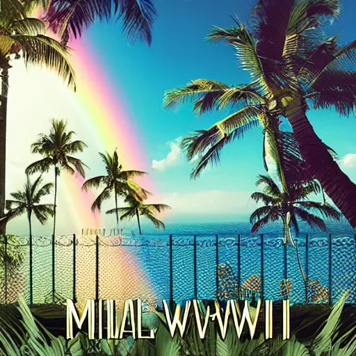 Image similar to miracle musical Hawaii part ii album cover, showing an ocean in the background, spiral transparent stairs on the left with tall palm trees behind it, a slight rainbow in the background, white outline border, moon in the right top area black and white except for the rainbow album cover