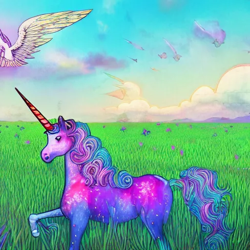 Prompt: a unicorn with wings dancing in a field of tall marijuana plants with a psychedelic sky, by kim jung gi, paul heaston, extremely wide angle shot, trending on art station, 4 k, vibrant lighting