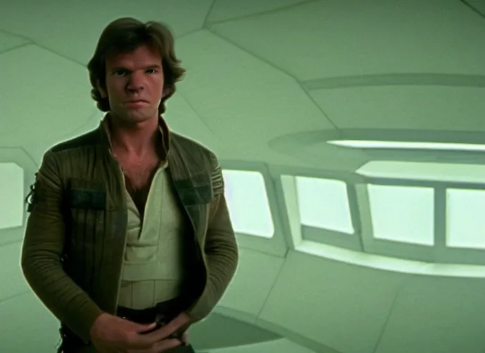 Prompt: screenshot of portrait Han Solo standing in an surreal light green 70s round minimalist architecture, iconic scene from 1970s film by Stanley Kubrick, the lost Star Wars Film, moody hazy lighting, stunning cinematography, hyper-detailed, crisp, anamorphic lenses, kodak color film stock, 4k, very detailed, hyper real render