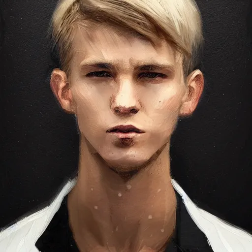 Image similar to Portrait of a man by Greg Rutkowski, he is about 20 years old, west slav features, short blonde hair with bangs, attractive, smart looking, slim, somewhat androgenic, he is wearing a white and black utilitarian jumpsuit, highly detailed portrait, scifi, digital painting, artstation, concept art, smooth, sharp foccus ilustration, Artstation HQ