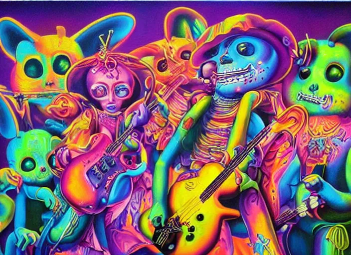 Prompt: a metal band holds a concert in the shadow dimension, an ultrafine detailed painting by lisa frank, trending on deviantart, pop surrealism, whimsical, lowbrow, colorful