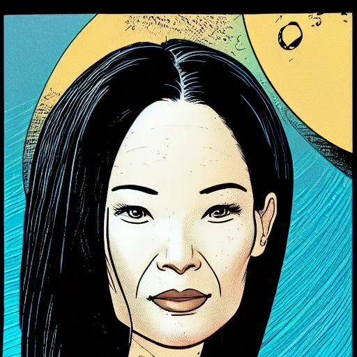 Prompt: lucy liu retro minimalist portrait moebius starwatcher comic by jean giraud, 8 k