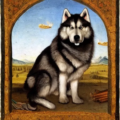 Image similar to alaskan malamute behind campfire in medieval setting, as a renaissance painting