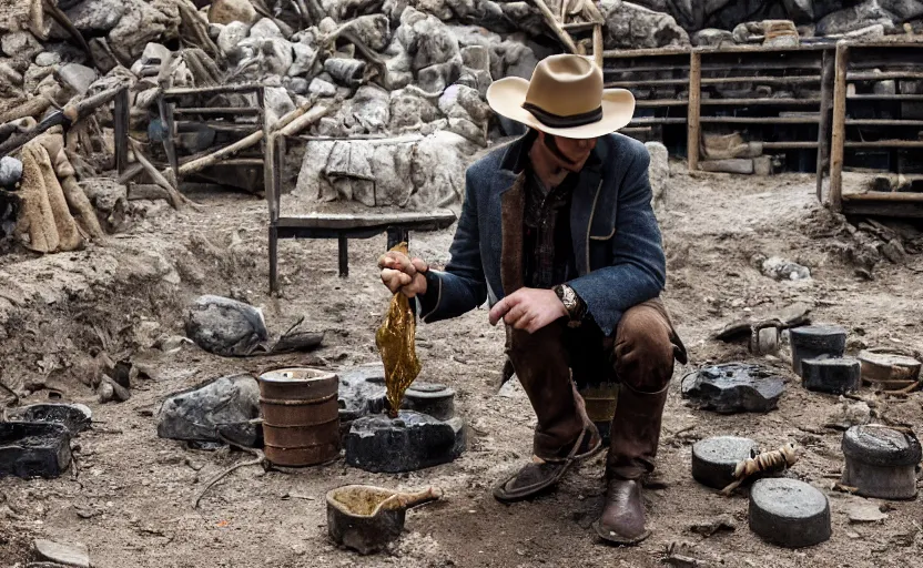 Prompt: a dirty golden retriever finding many large gold nugget piles in a dark mine and wearing a black western hat and jacket, dim moody lighting, wooden supports and wall torches and pick axes, cinematic style photograph