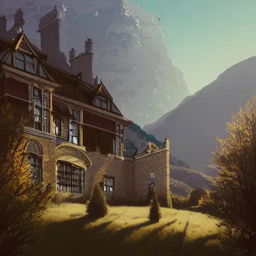 Image similar to illustration of an old victorian mansion, with beautiful mountain heather growing around it, large windows, greg rutkowski, mcbess