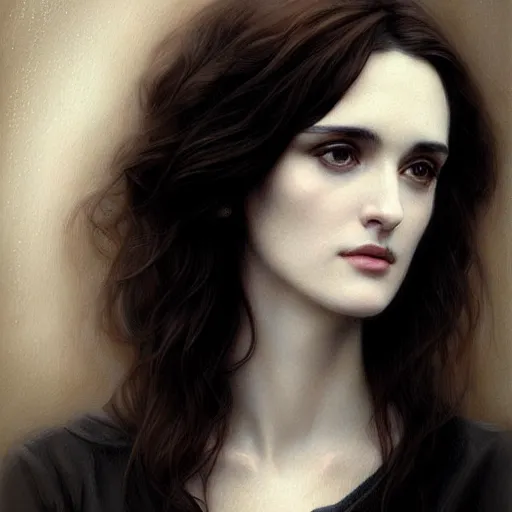 Image similar to beautiful striking Pre-Raphaelite Winona Ryder by Artgerm and Greg Rutkowski, pale, intricate, elegant, highly detailed, digital painting