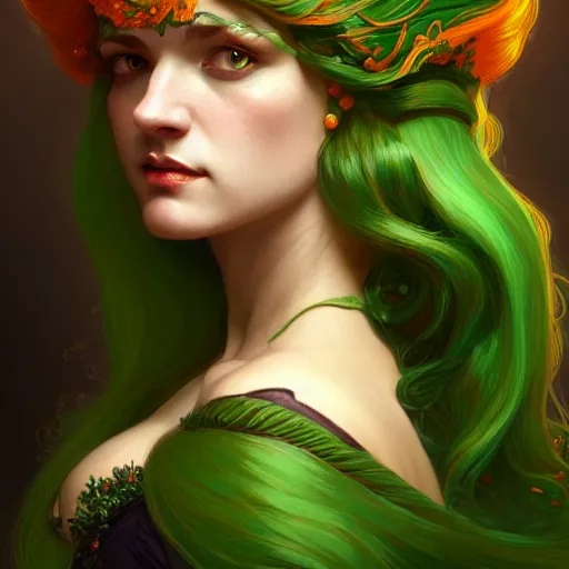 Image similar to aristocrat, green black orange color palette, female, d & d, fantasy, intricate, elegant, highly detailed, long green hair, digital painting, artstation, octane render, concept art, matte, sharp focus, illustration, hearthstone, art by artgerm, alphonse mucha johannes voss