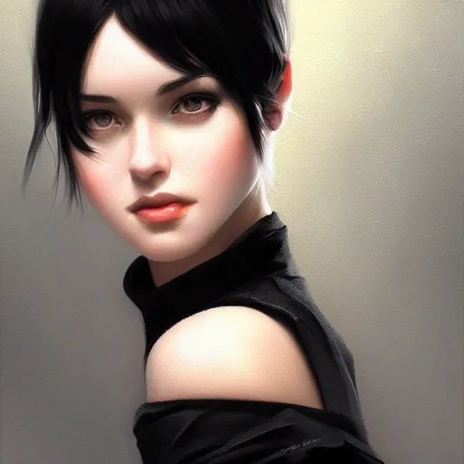 Image similar to portrait of beautiful young woman with black-hair and bangs, highly detailed, digital painting, artstation, concept art, sharp focus, illustration, art by ilya kuvshinov, krenz cushart, Greg Rutkowski