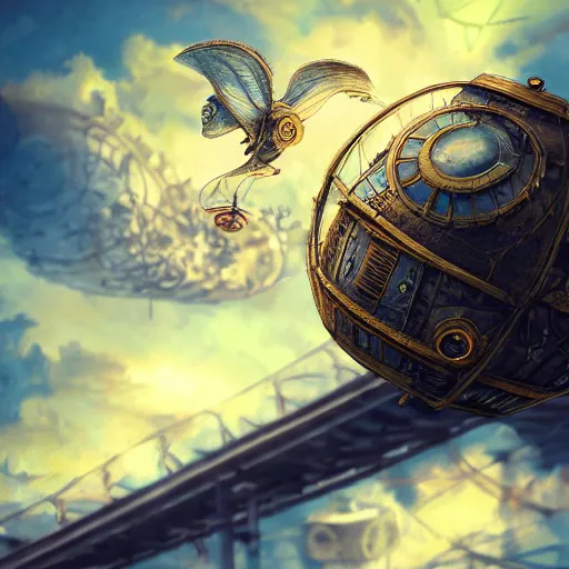 Image similar to flying egg - shaped steampunk city, fantasy art, sky in the background, detailed, behrens style