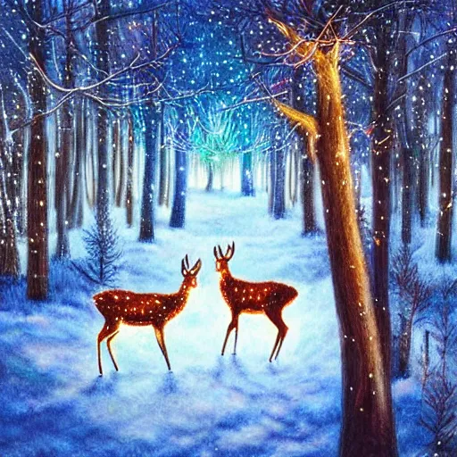 Prompt: deer in forest of magical christmas trees with colorful lights and icicles dripping from branches winter night detailed airbrushed magical realism painting luminescent