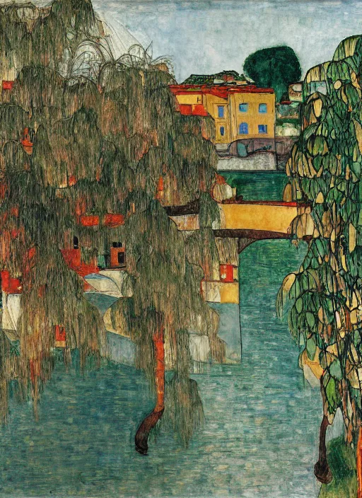 Image similar to tied bridge on local river, 3 boat in river, 2 number house near a lot of palm and eucalyptus and bougainvillea, summer, painting by egon schiele