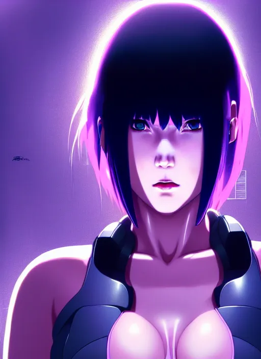 Image similar to a film still portrait of a motoko kusanagi ghost in the shell, finely detailed features, closeup at the faces, perfect art, at a cyberpunk city, gapmoe yandere grimdark, trending on pixiv fanbox, by ilya kuvshinov, rossdraws, artgerm