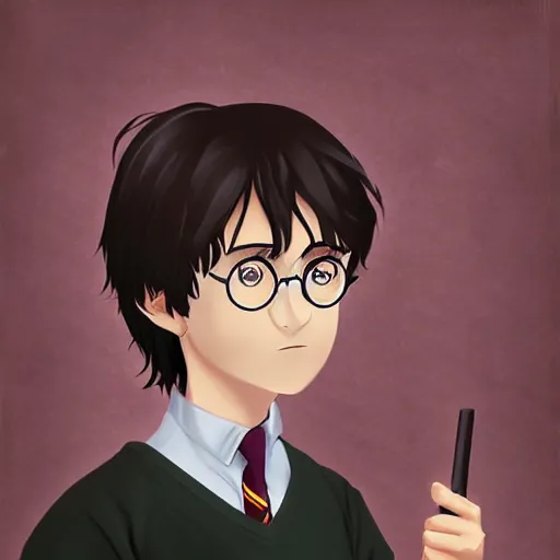 Image similar to portrait of harry potter in anime style, highly detailed, centered, solid color background, digital painting