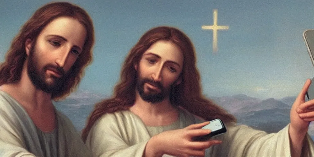 Prompt: Jesus Christ takes a selfish in 2022