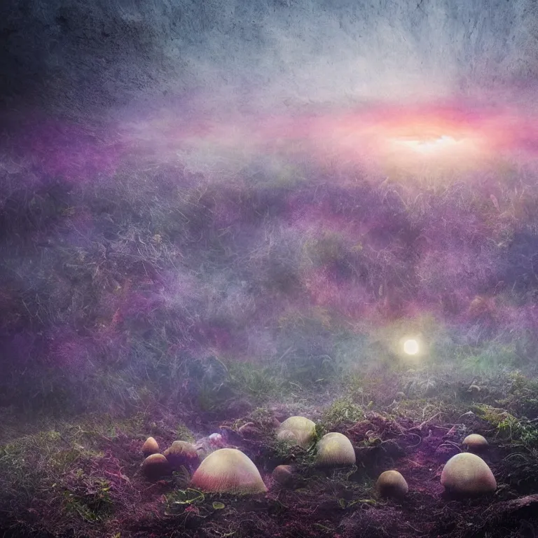 Image similar to a planet of various fungus, mushrooms and plants, inside the picture is infinity, sunset light, Atmospheric phenomenon, artistic photography, muted colors, conceptual, long exposure outside the city, volumetric light