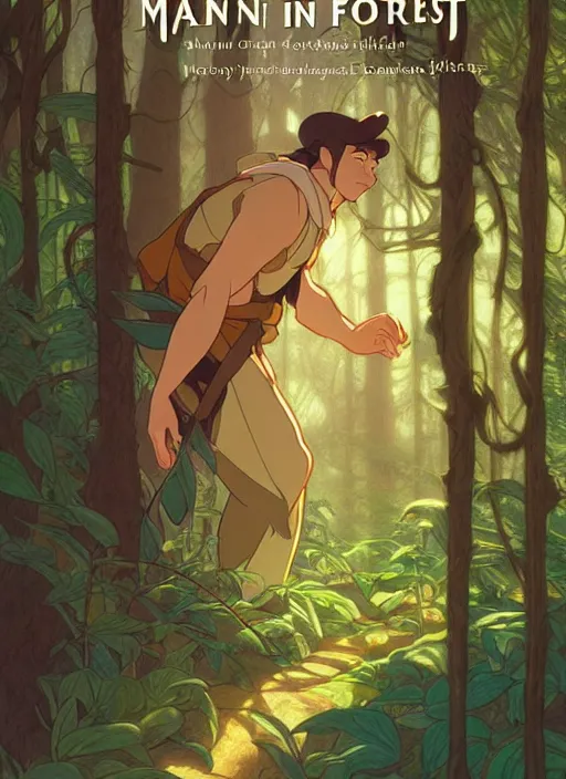 Prompt: book cover design, man in a forest, natural lighting, path traced, highly detailed, high quality, cartoon, digital painting, by don bluth and ross tran and studio ghibli and alphonse mucha