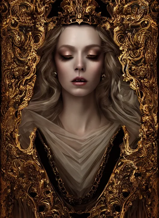 Image similar to hyper realistic photo of baroque dark luxury queen ethereal ghost full body, symmetric, rule of thirds, cinematic, artstation, cgsociety,