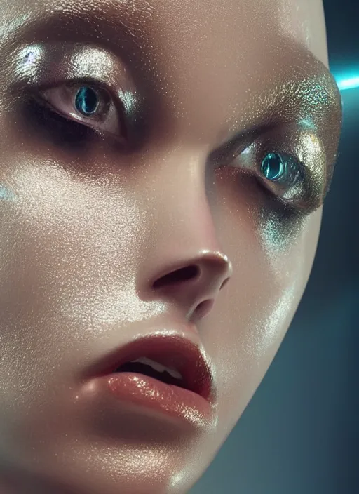 Image similar to extreme close up of a ex machina robot girl, posing in dramatic lighting, plastic clean ultra high definition, uplighting, cinematic, sheek unreal engine 5 ray tracing, by paolo roversi, beeple, masterpiece