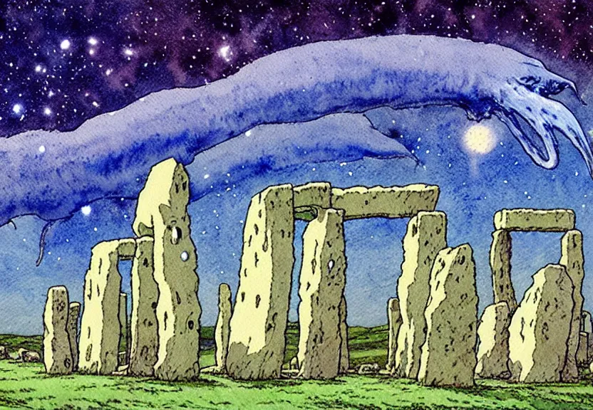 Image similar to a simple watercolor studio ghibli movie still fantasy concept art of stonehenge. a giant squid from princess mononoke ( 1 9 9 7 ) holding large stones. it is a misty starry night. by rebecca guay, michael kaluta, charles vess