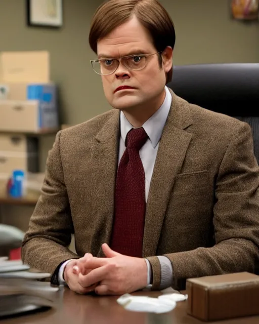 Image similar to a still if dwight schrute with brown suit as a muppet in the office. highly detailed felt. hyper real photo. 4 k.