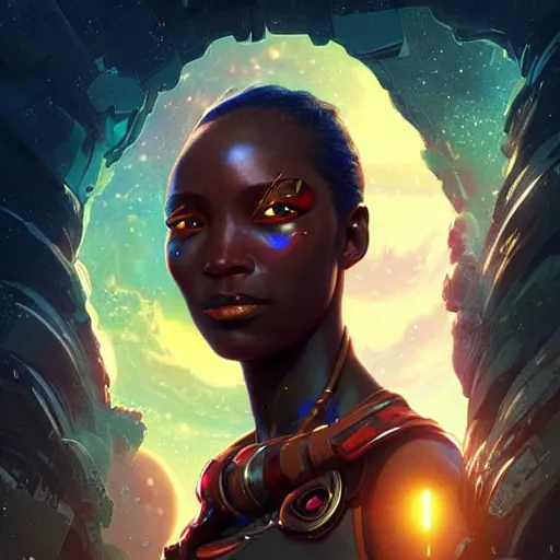 Image similar to african space pirate, science fiction, highly detailed, digital painting, beautiful eyes, symmetry, concept art, sharp focus, illustration, global illumination, radiant light, detailed and intricate environment, art by artgerm and greg rutkowski and magali villeneuve and ilya kuvshinov!