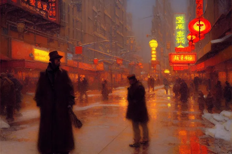Prompt: winter, attractive male, neon light, chinatown, painting by gaston bussiere, craig mullins, j. c. leyendecker