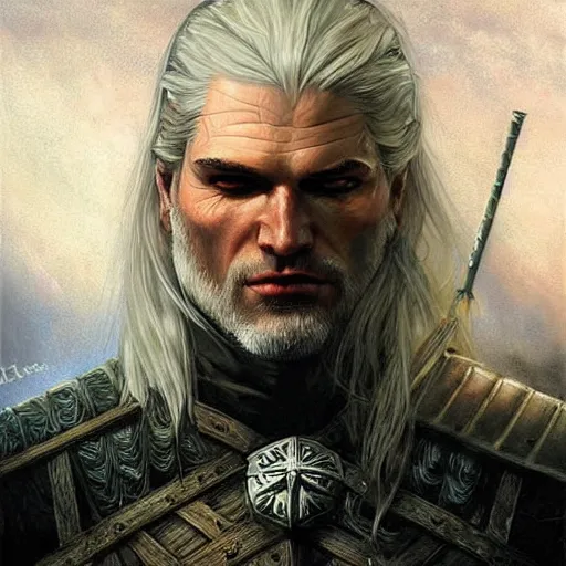 Image similar to geralt of rivia, ethereal, painting by karol bak