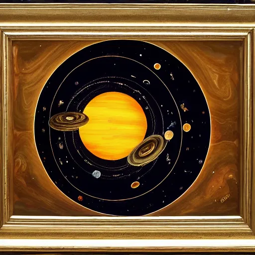 Image similar to olive oil and vinegar drizzled on a plate in the shape of the solar system, oil on canvas, intricate, 8k highly professionally detailed, HDR, CGsociety