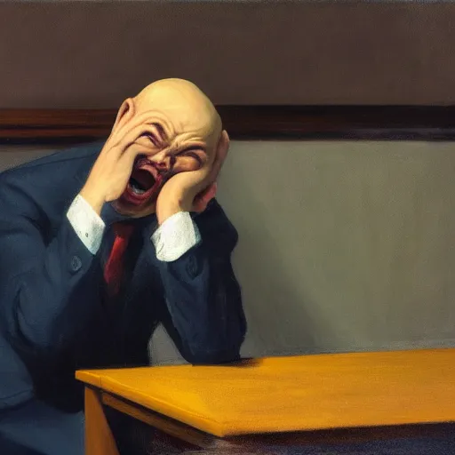 Image similar to a crying man who is screaming, his head is a skull, he wears a suit, in the style of Edward Hopper, 4k,